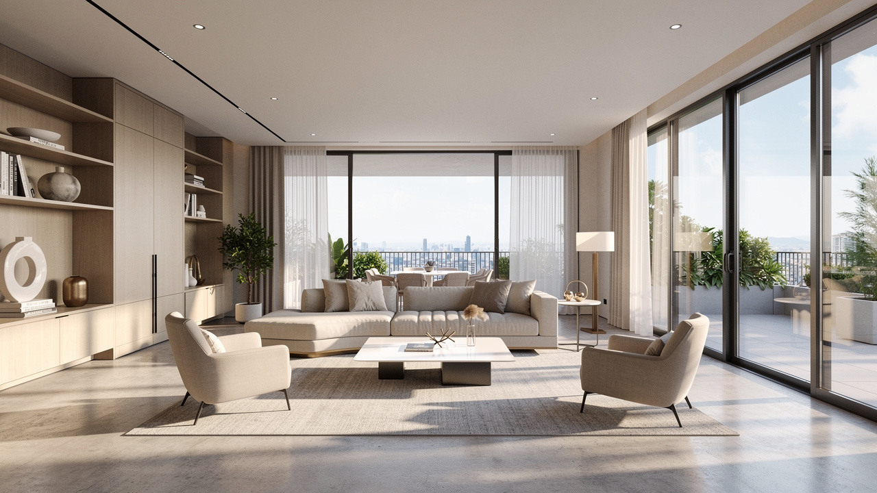 Heller Gemeinschaftsraum im Penthouse mit gro&szlig;en Fenstern